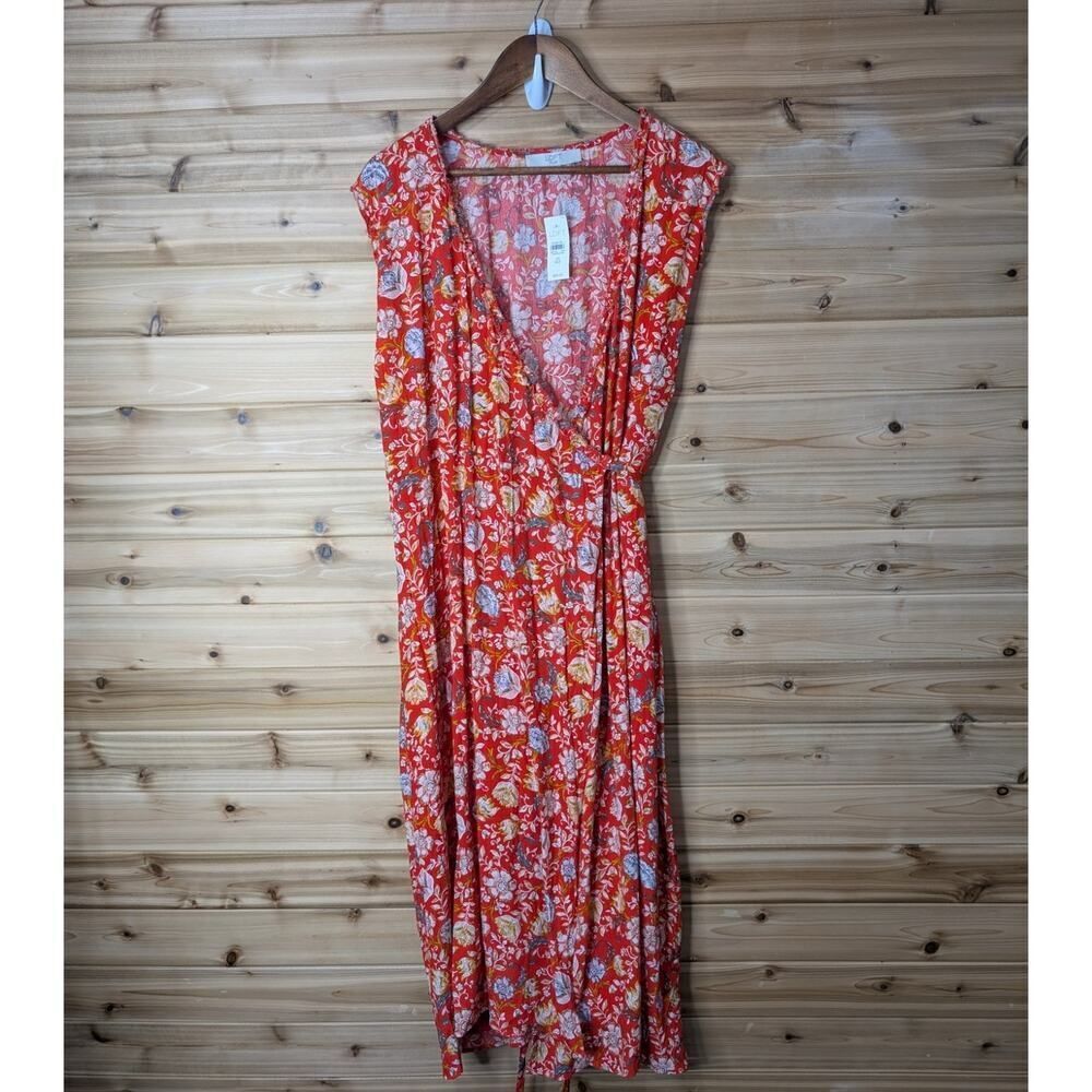 Loft Dress Womens 20 Red‎ Floral Wrap Front Midi Spring Fall NWT